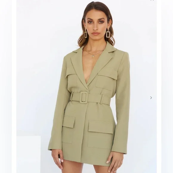 Lioness Steinway v neck blazer mini dress with tie in sage green - Picture 1 of 7